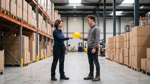 Warehouse manager hands yellow hard hat to young male employee in modern logistics facility