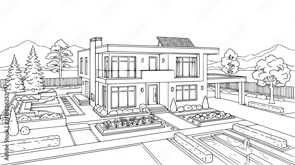 Fototapeta premium Modern Eco-Friendly House with Solar Panels and Landscaped Garden Line Art