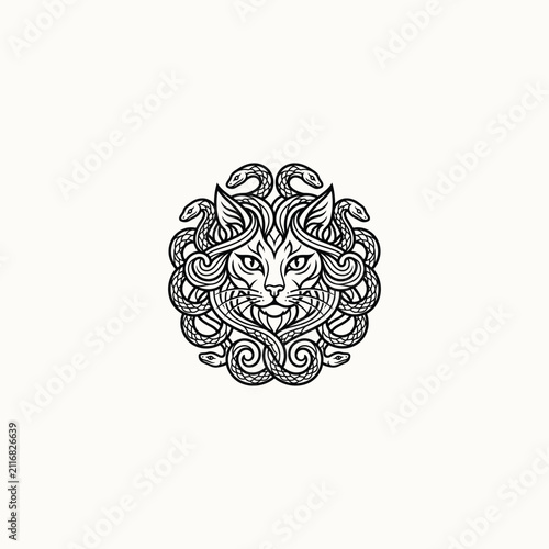 Cat Medusa Head Illustration Line Art