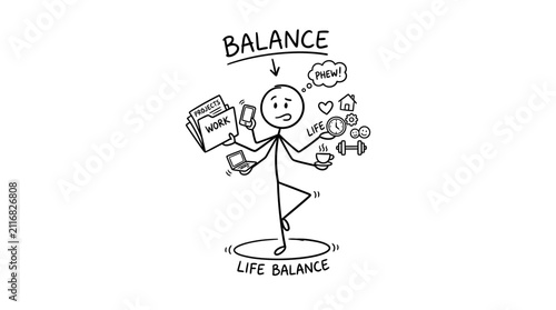 Stick figure balancing work and life on one leg.