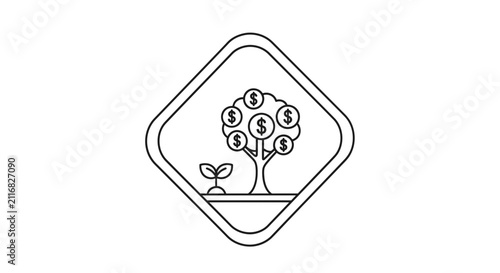 Tree with dollar signs growing in a diamond frame