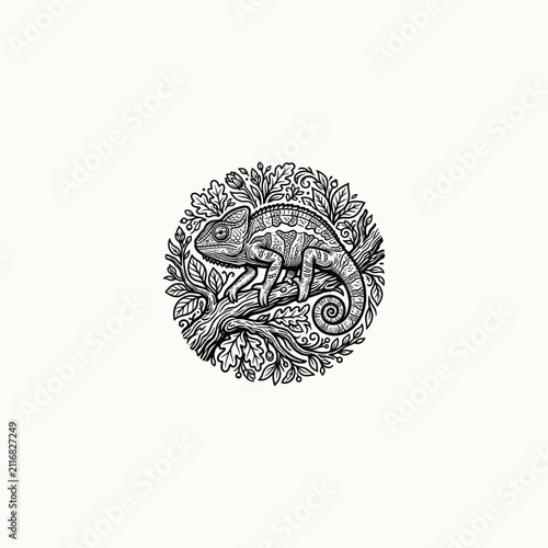 Chameleon Linocut Style Illustration with Floral Frame