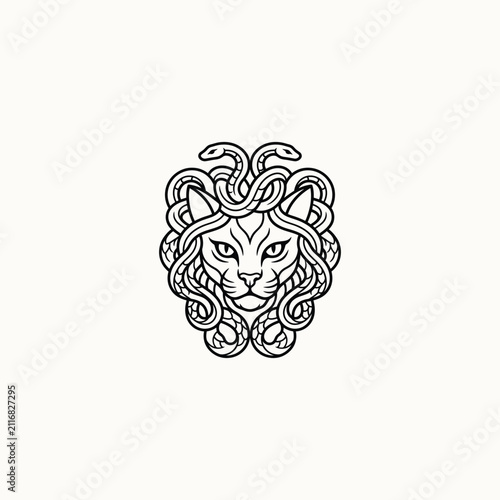 Minimalist Medusa Cat Mascot Logo and Line Art Illustration