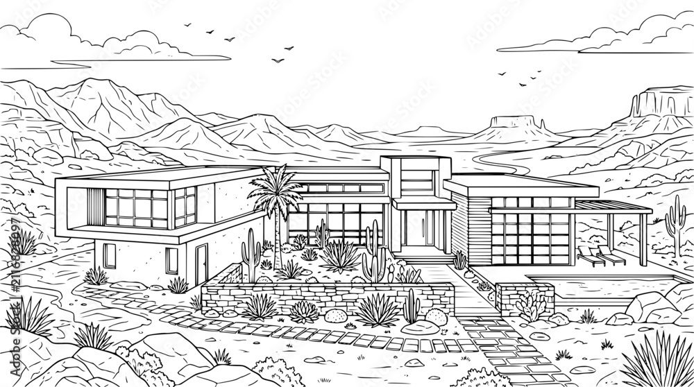 Fototapeta premium Modern Luxury Desert Villa Coloring Page with Mountain Landscape