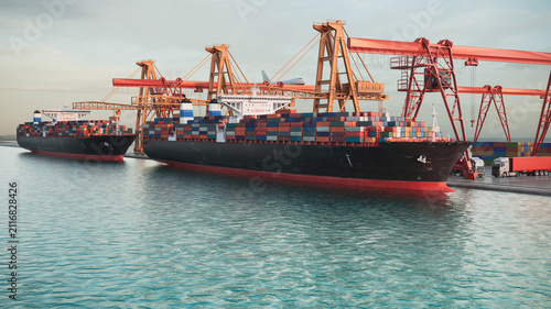 Container ships at busy industrial seaport with gantry cranes