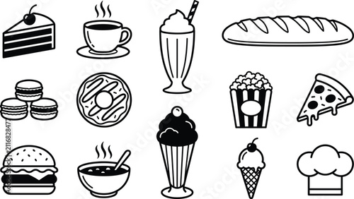 Foto Bakery and Fast Food Cafe Icon Set with Dessert, Sweet Treats, Snacks, Coffee, a
