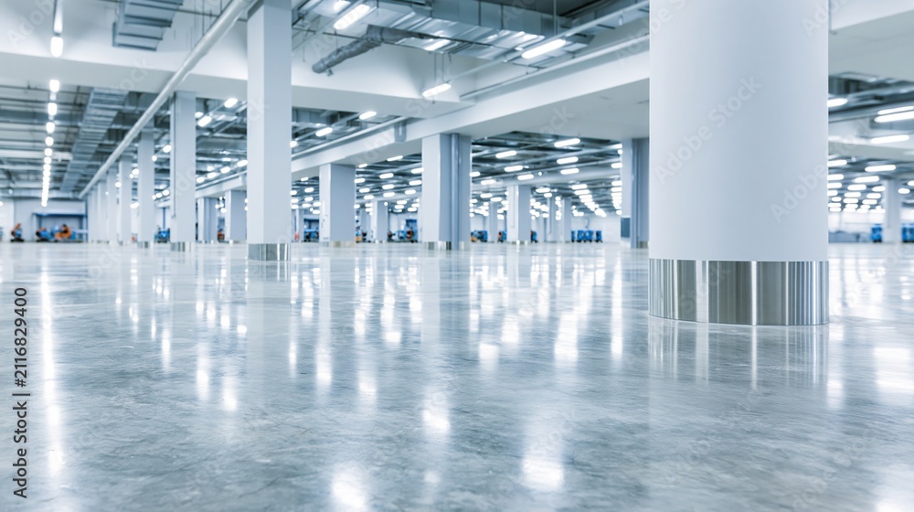 Obraz premium Vast, Brightly Lit Modern Exhibition Hall Interior with Polished Concrete Floor and Support Columns