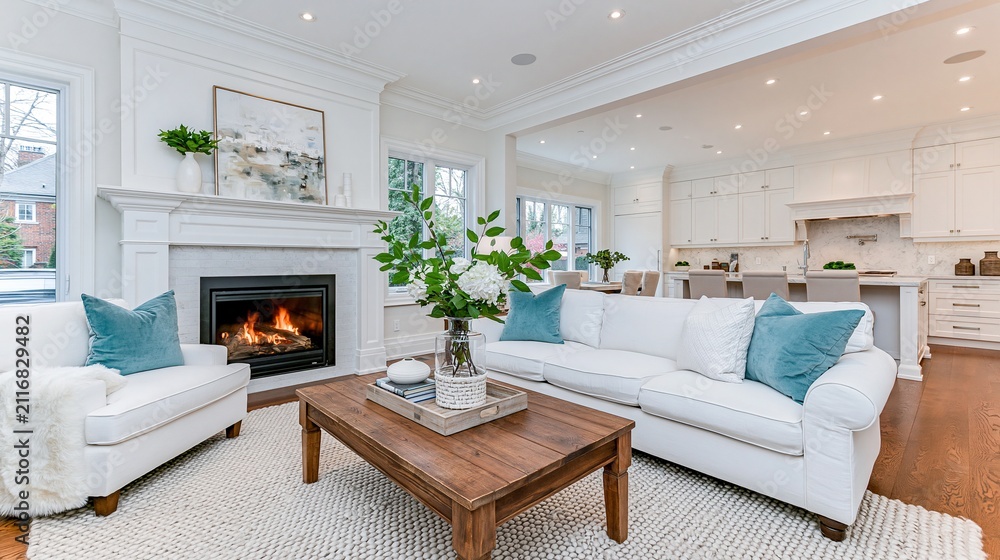 Naklejka premium Bright and Airy Modern Living Room with Fireplace and Open Concept Kitchen