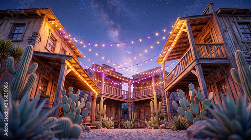 Wooden western town buildings with balconies, illuminated by hanging string lights under a starry night sky, surrounded by desert cacti