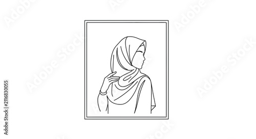 Minimalist Black and White Line Art of a Woman in Hijab