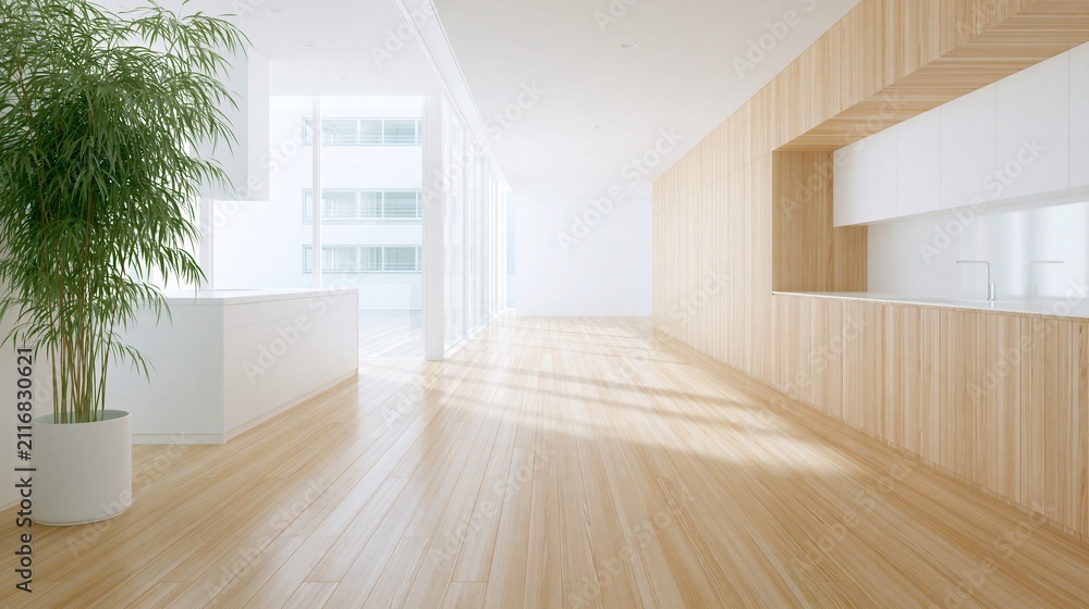 Fototapeta premium Spacious modern interior with light wood flooring and kitchen cabinetry featuring a tall green potted plant near large windows.