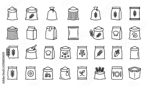 Bild auf Leinwand Wheat Flour Bag Icon Set Grain Sack Packaging Thin Line Flat Vector Collection
