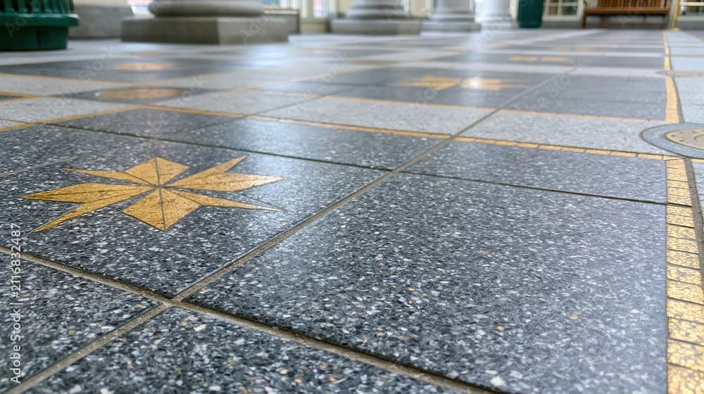 Fototapeta premium Close-up view of a patterned terrazzo floor with a star inlay and marble columns in the background