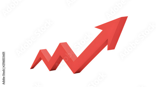 Three dimensional red arrow pointing up indicating growth with pointing upwards against against white background displays red
