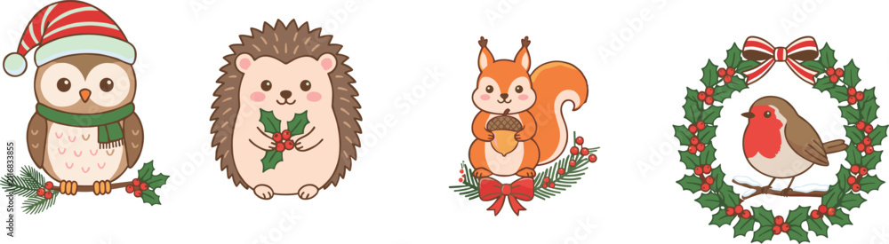 Fototapeta premium Cute Christmas woodland animals vector set with festive owl, hedgehog, squirrel,