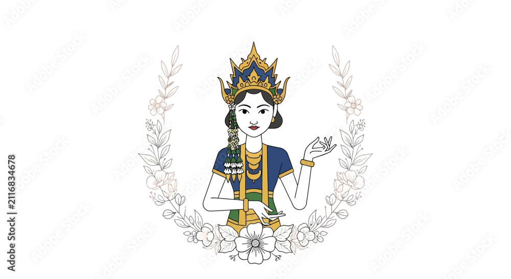 Naklejka premium Traditional Indonesian Woman in Royal Attire, Floral Wreath