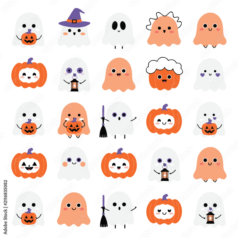 Obraz premium Collection of cute ghosts and orange pumpkins for halloween