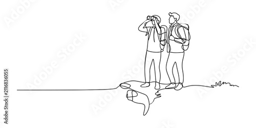 Two hikers looking through binoculars continuous one line drawing