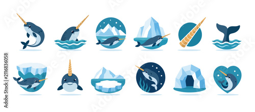 Konstfotografi Colorful flat design whale and narwhal icons set.
