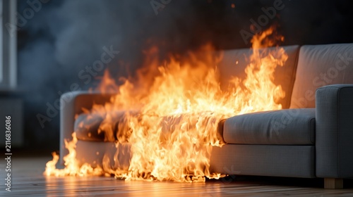 Modern Sofa Engulfed in Intense Flames and Smoke, Indicating Fire Hazard and Home Safety Concern
