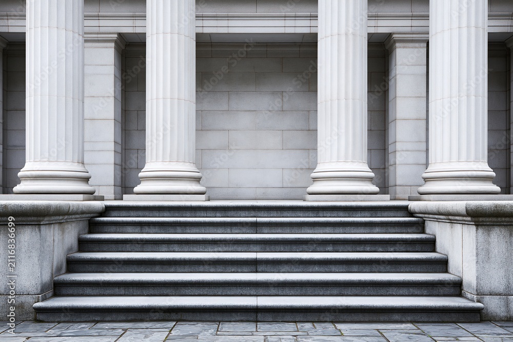 Obraz premium Grand neoclassical stone staircase leading to imposing columns and stone building facade