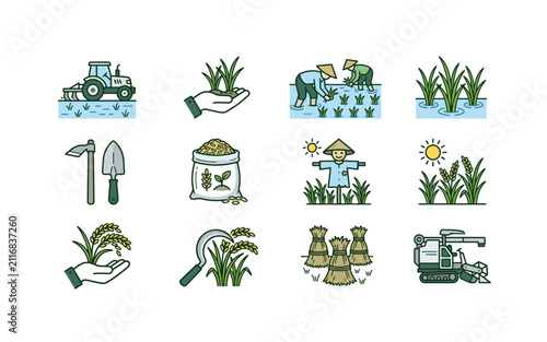 Rice Farming and Cultivation Icons Set