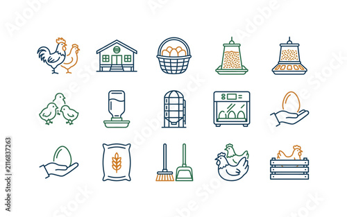 Chicken Farm Icons Set. Poultry Farming and Egg Production Line Art.