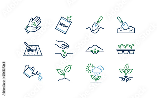 Gardening Icons Set - Planting, Sowing, and Growth Process