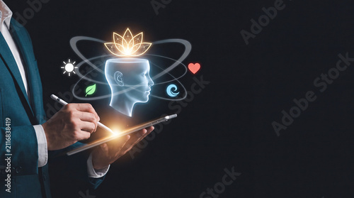 Businessman using tablet with mental health hologram. Digital wellness and mindfulness tech.