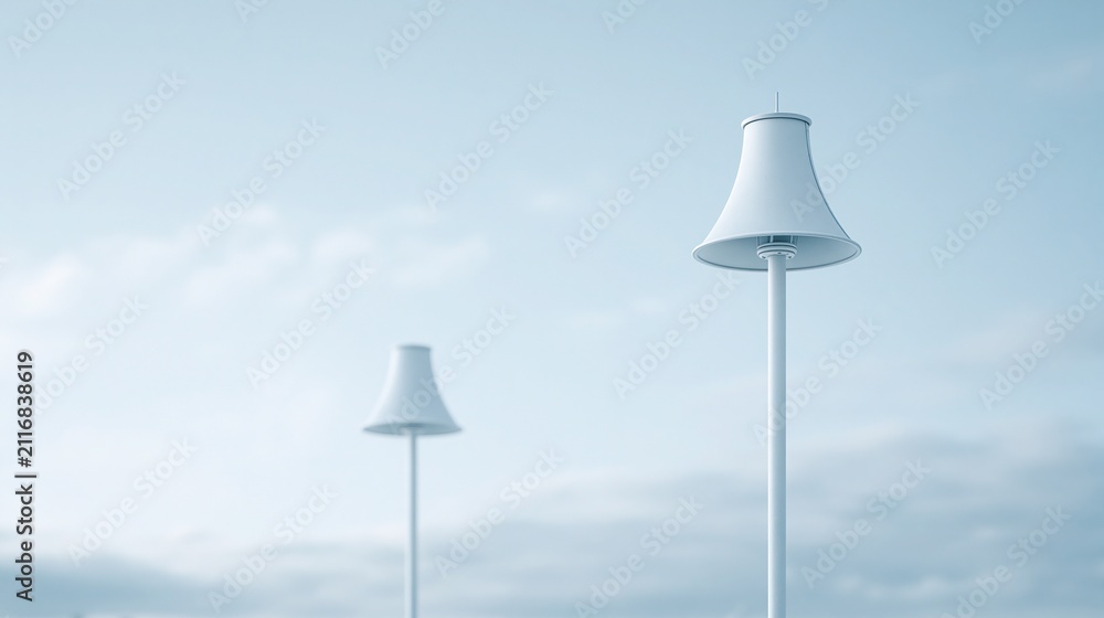 Fototapeta premium Minimalist white lamp posts standing tall against a pale blue sky with subtle clouds
