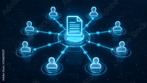Futuristic digital network concept with glowing blue document connecting to multiple user profiles representing secure cloud file sharing and team collaboration