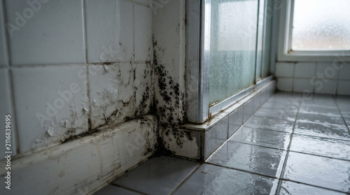 Black mold growing on bathroom wall tiles and shower frame due to water damage and high humidity in a residential home