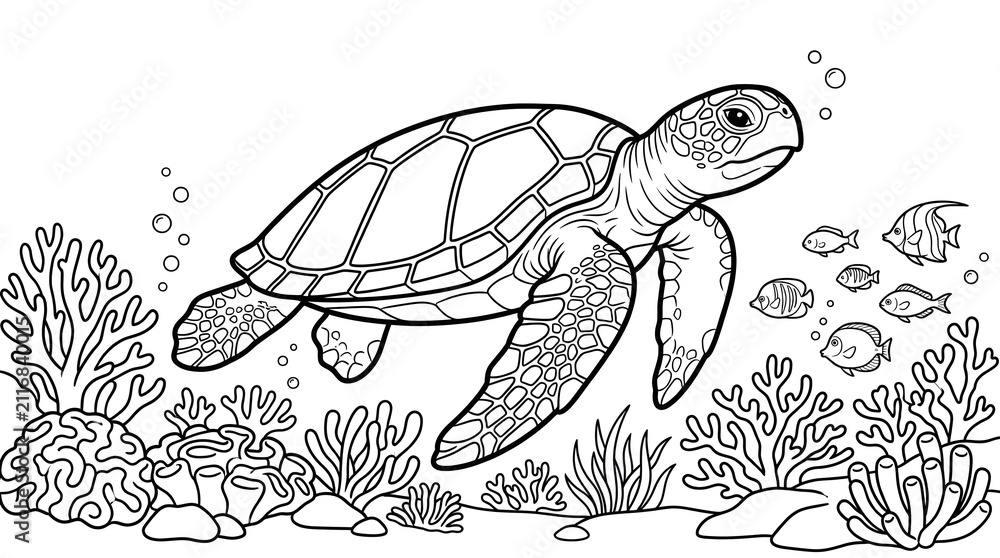 Fototapeta premium Black and white coloring page featuring a sea turtle swimming among coral reefs and small fish.
