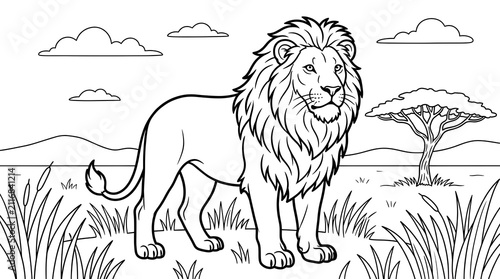 A black and white coloring page featuring a majestic lion standing in the African savanna.