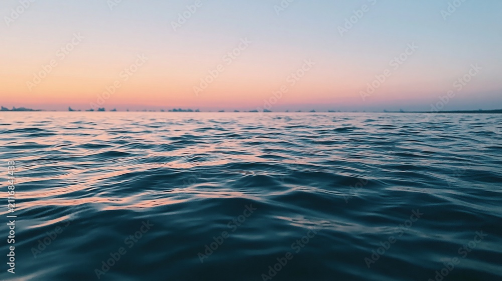 Fototapeta premium Tranquil Ocean Horizon at Sunset with Gentle Waves and Soft Sky Colors