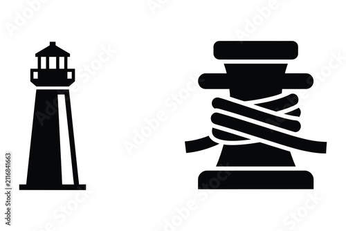 Nautical lighthouse and bollard with rope icons nautical navigation maritime safety harbor equipment icon port infrastructure navigation aid theme gear lighthouse