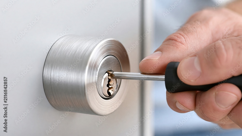 Fototapeta premium Close up of a locksmith's hand picking a metal door lock cylinder with a tool