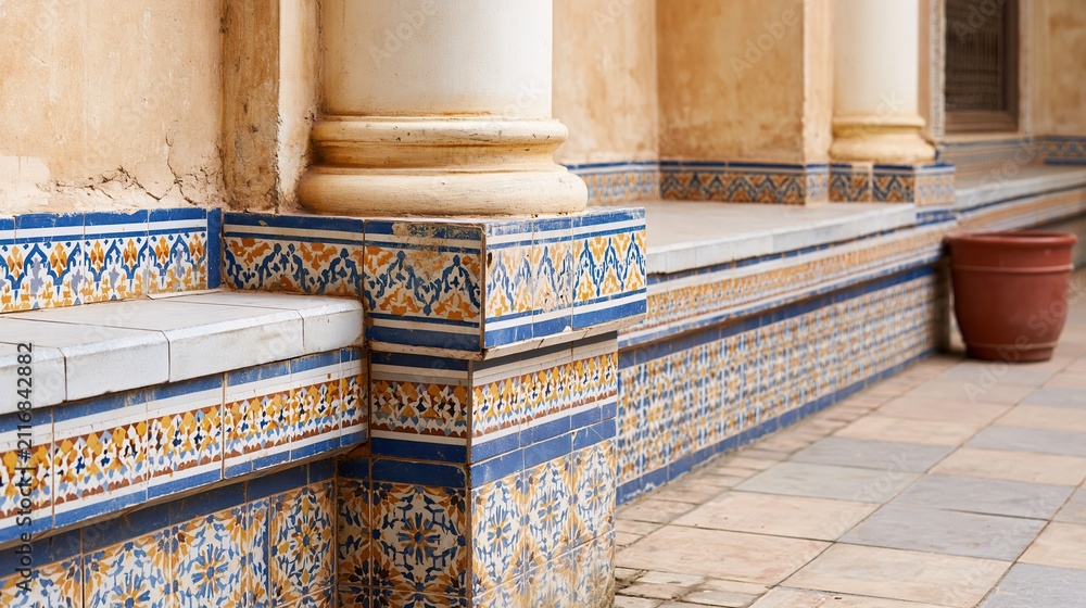 Fototapeta premium Close-up of ornate blue and yellow mosaic tiles and plaster walls on a sunlit terrace with a terracotta pot