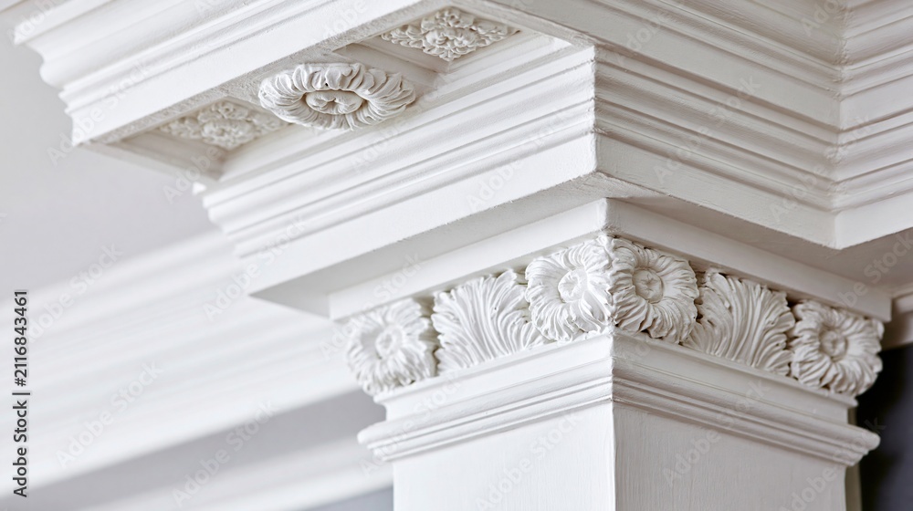 Fototapeta premium Intricate White Plaster Architectural Molding and Cornice Details with Floral Accents
