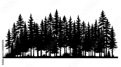 Принти на полотні Forest silhouette depicts a dense collection of evergreen trees with varying heights, forming a continuous natural boundary against a plain white background