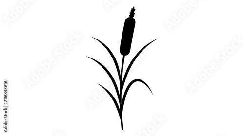 Принти на полотні Cattail plant silhouette with a single dark, elongated head and several long, slender leaves on a clean white background
