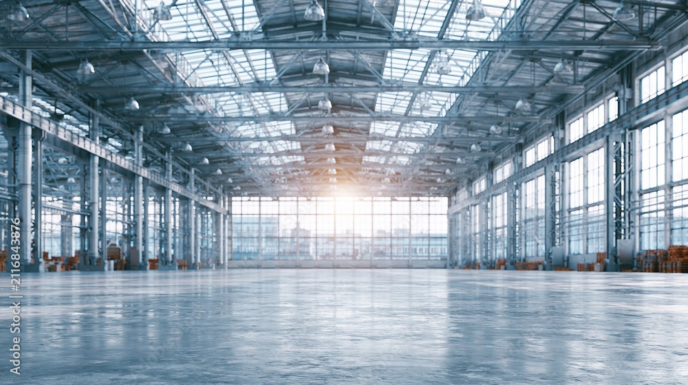 Obraz premium Vast, Empty Industrial Warehouse Interior with Natural Light Flooding Through Large Windows and Skylights