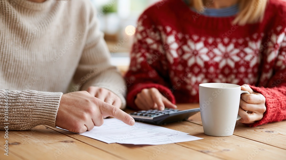 Obraz premium Couple Planning Finances Together, Calculating Budget or Bills with Calculator and Documents