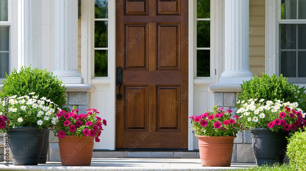 Obraz premium Symmetrical arrangement of vibrant potted flowers flanking a classic wooden front door with white columns on a sunny day