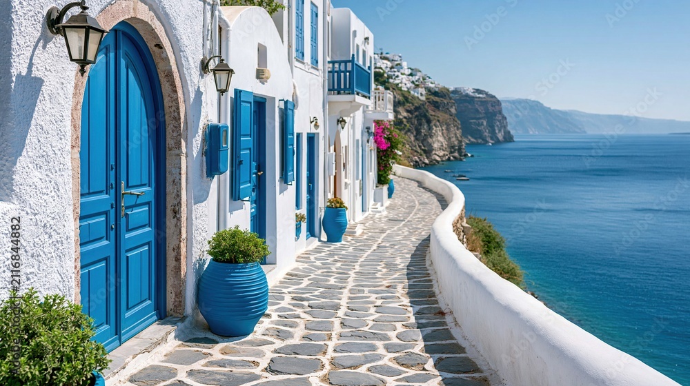 Obraz premium Charming Aegean village pathway with vibrant blue doors and sea views on a sunny day