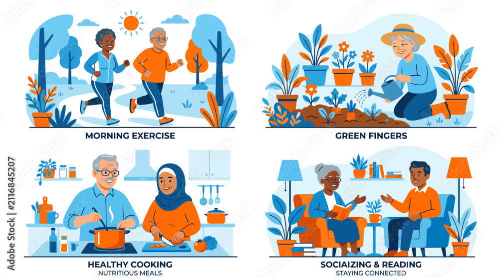 Fototapeta premium Active senior lifestyle panels showing exercise and healthy cooking.