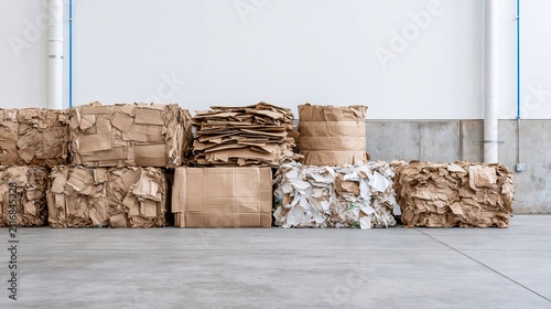 Stacked compressed cardboard and paper bales in a warehouse for recycling and sustainable waste management