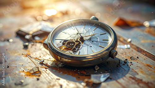A close-up view of a vintage broken pocket watch with a shattered glass face lying on a rusty surface under warm sunlight.