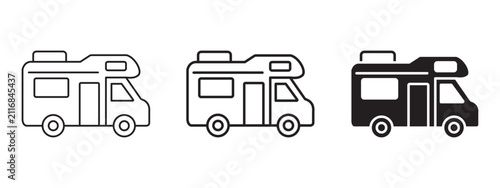 Camper van icons line art and silhouette RV vector set