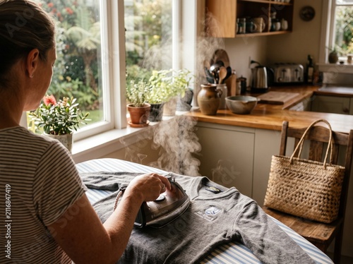 Woman ironing a back to school jumper in a sunlit kitchen at home